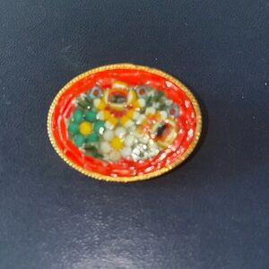 Vintage Floral and Orange Micro Mosaic Oval Shape BroochGold Tone, Made in Italy